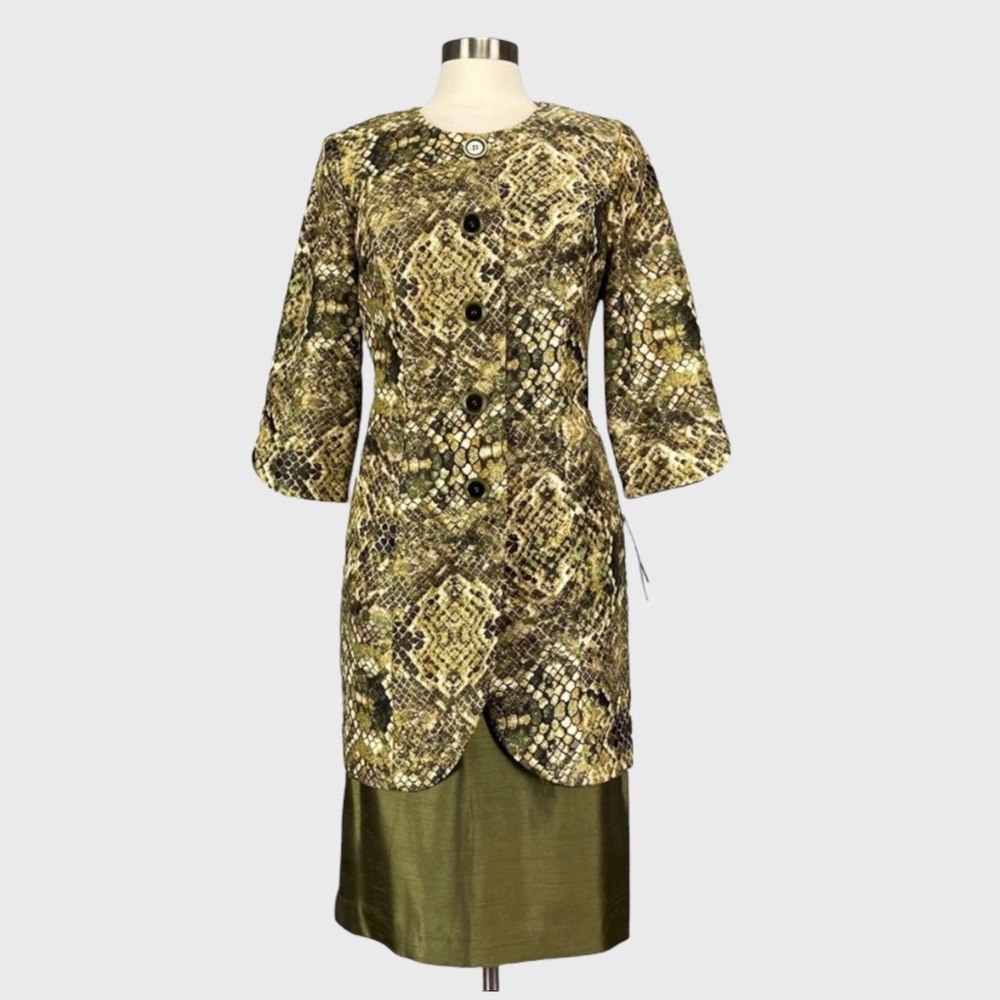 Dana Kay Womens Skirt Blazer 2 Piece Suit Olive Green Snake Print size 10